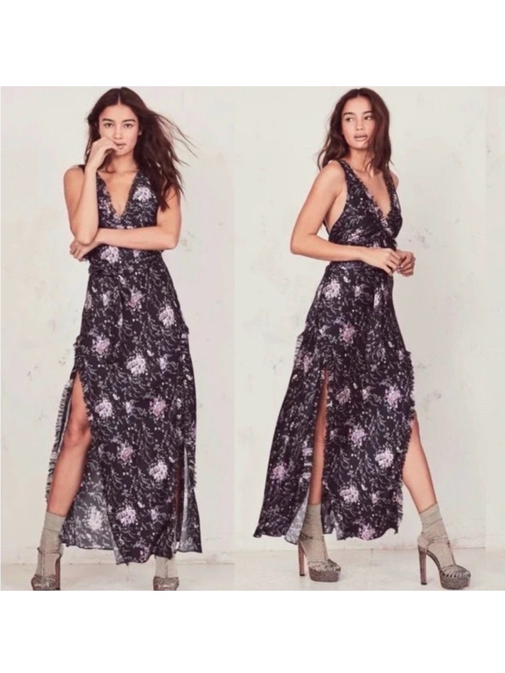Black Floral V-Neck Maxi Dress with Side Slits